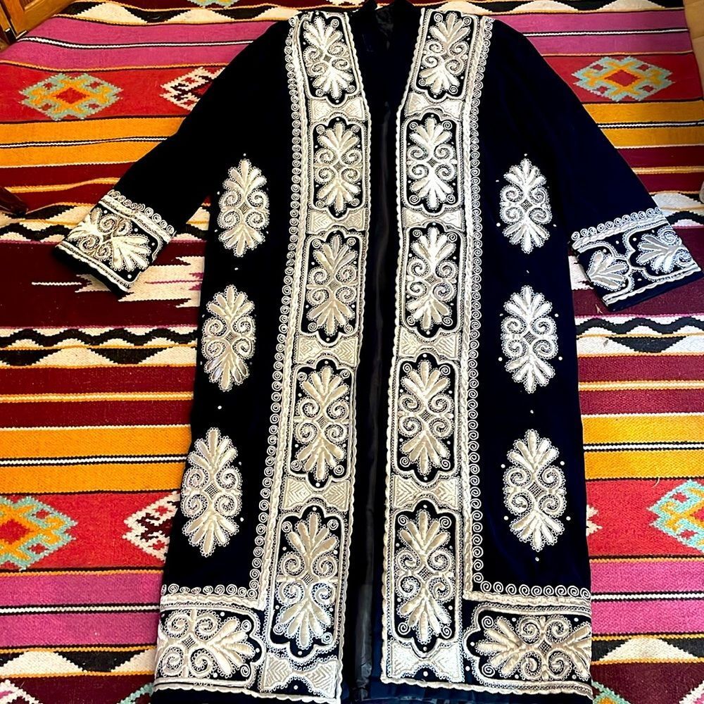 Vintage Black Trench Coat with Silver Embroidery